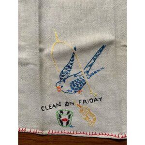 Vintage Clean on Friday Hand Embroidered Bird on Swing Hand Towel